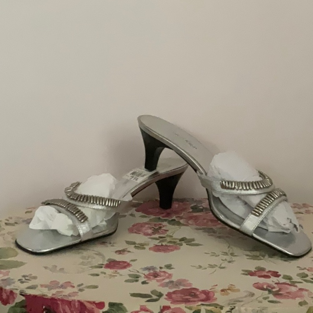 Calvin Klein Silver Heeled Sandals with Bow Detail